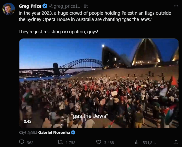 Tuhannet Palestiinan lippuja heiluttavat, HAMAS:n terroristijärjestöä tukevat ja radikaalit muslimit valloittivat Sydneyn tunnetun oopperatalon edustan.
