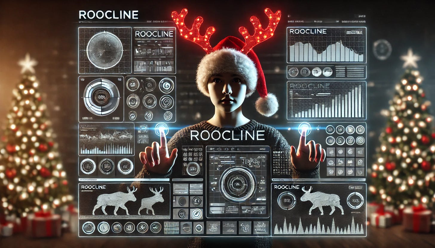 A young person wearing a Santa hat and reindeer antlers interacting with a futuristic multi-screen interface. The interface prominently displays the text 'RooCline' at the top. Various interactive elements like graphs, buttons, and data panels are visible. The design has a tech-savvy, festive atmosphere with dark backgrounds and glowing screen elements. The person has a focused expression, with their hands reaching out to interact with the interface. The atmosphere blends Christmas cheer with a high-tech vibe.