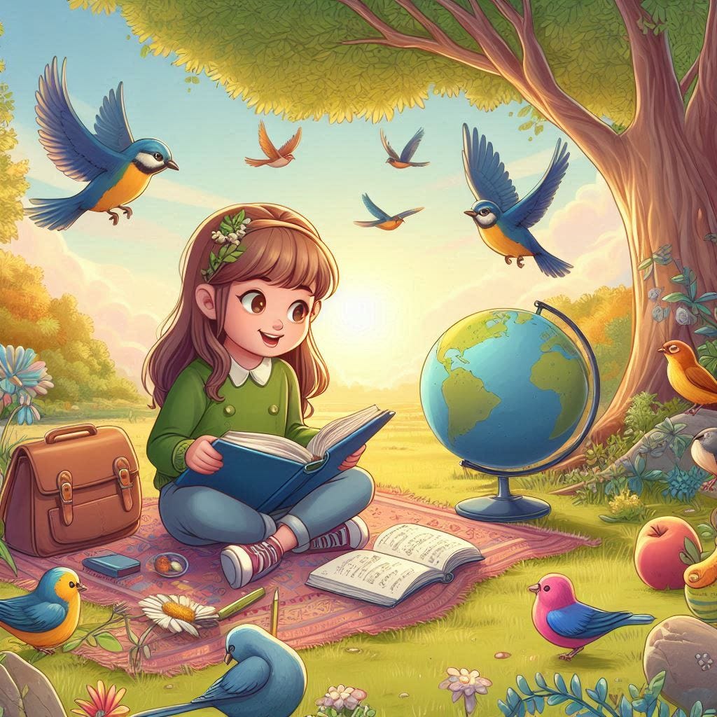 A girl learning in nature surrounded by birds