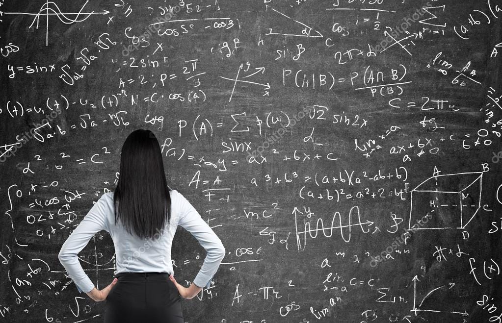 Rear view of a thoughtful woman who tries to solve math problems. Math  calculations on black chalk board. — Stock Photo © denisismagilov #78326896