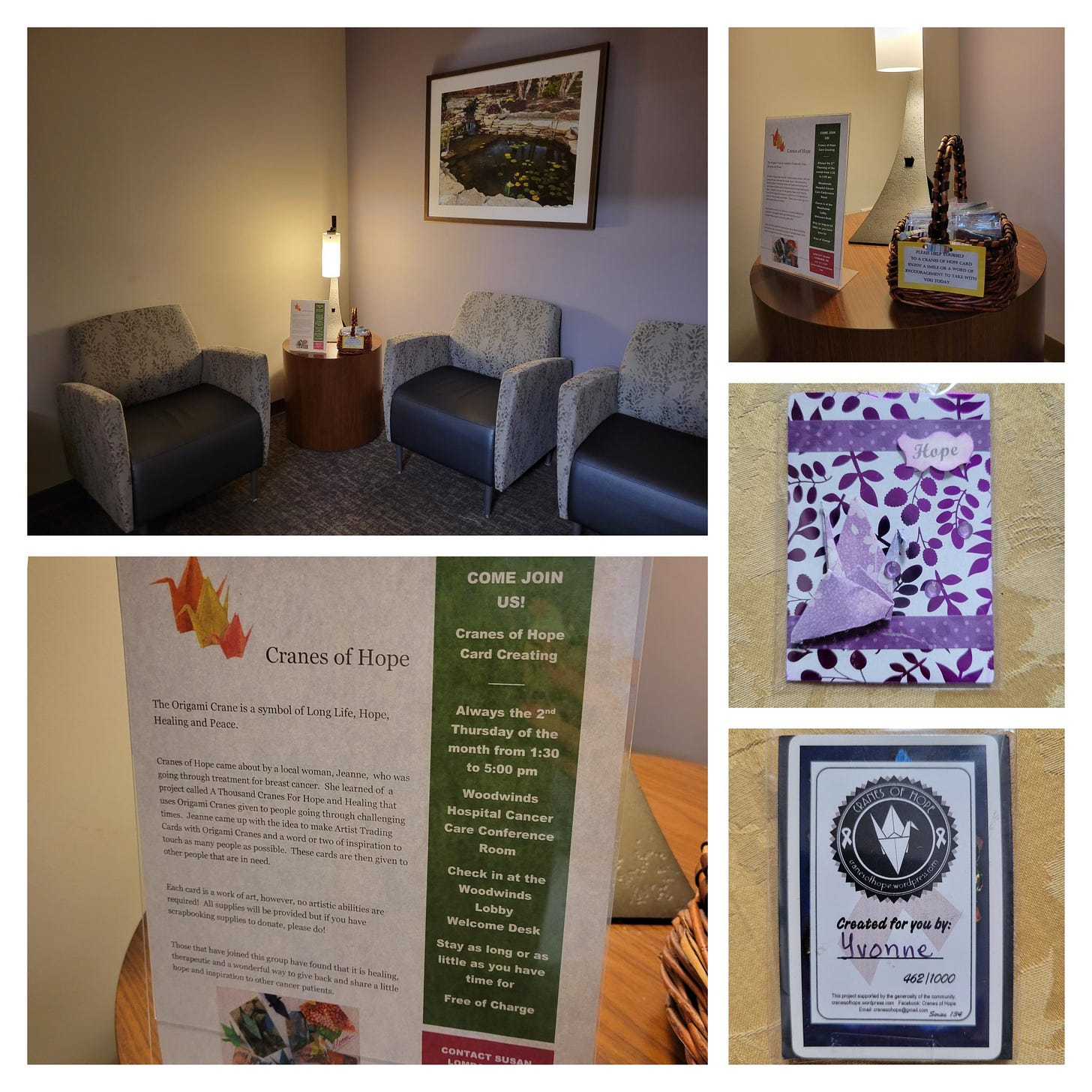 A five photo collage of the private waiting area, the sign about the Cranes of Hope, the sign & basket on the table, and closeups of the front and back of the crane I chose which is purple and white and says Hope on it.