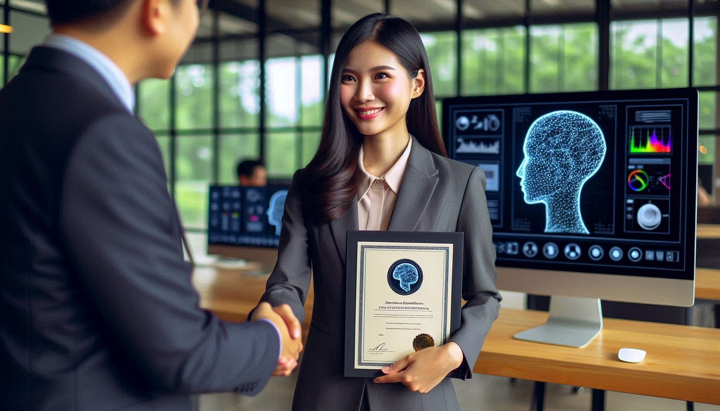 A professional photograph of a proud Filipina woman in business attire receiving her Machine Learning certification. She's smiling confidently while shaking hands with a tech company executive who is welcoming her to her new AI Product Management role. In the background, there's a modern tech office with AI visualizations on screens. The scene captures her achievement and the beginning of her career in AI.