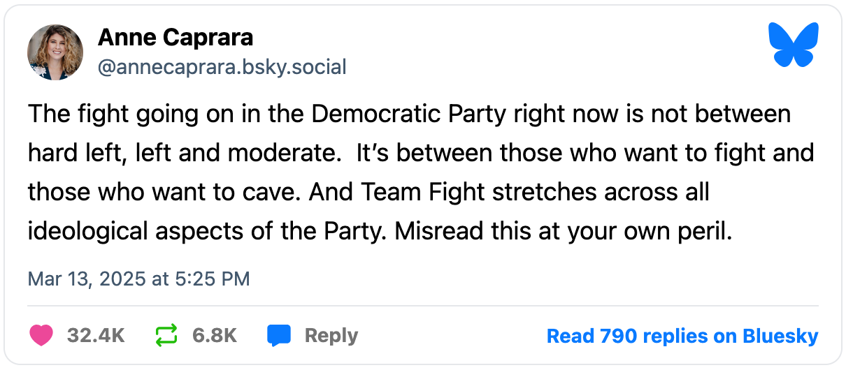March 13, 2025 Bluesky post by Anne Caprara reading, "The fight going on in the Democratic Party right now is not between hard left, left and moderate.  It’s between those who want to fight and those who want to cave. And Team Fight stretches across all ideological aspects of the Party. Misread this at your own peril."