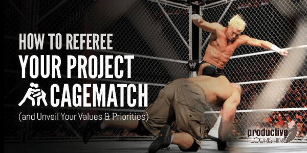 Image of WWE Figters in the "Cage", fighting. Text Overlay: How To Referee Your project Cagematch (and Unveil Your Values And Priorities)
