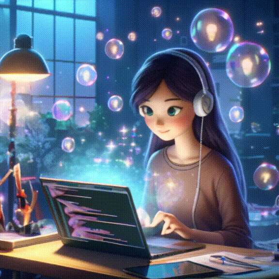 A girl with idea bubbles using her laptop