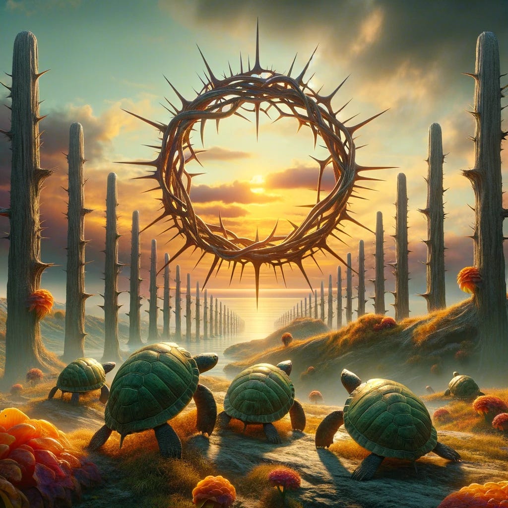 A surreal and evocative image inspired by the Book of the New Sun quote, incorporating elements of sacredness and the profound. The scene includes symbolic sacred thorns and a serene landscape that resonates with deep philosophical reflection. Adding an element of playful irreverence, turtle shells are seamlessly integrated into the environment. These shells symbolize challenge and opportunity, aligning with the essay's themes. The overall composition combines ancient and modern elements, creating a visually striking and meaningful depiction that captures the essence of both the quote and the added twist of turtle shells.