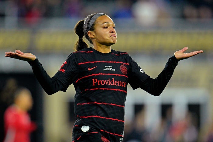 Sophia Smith shrugs after scoring a goal in the fourth minute of the 2022 NWSL Championship game.