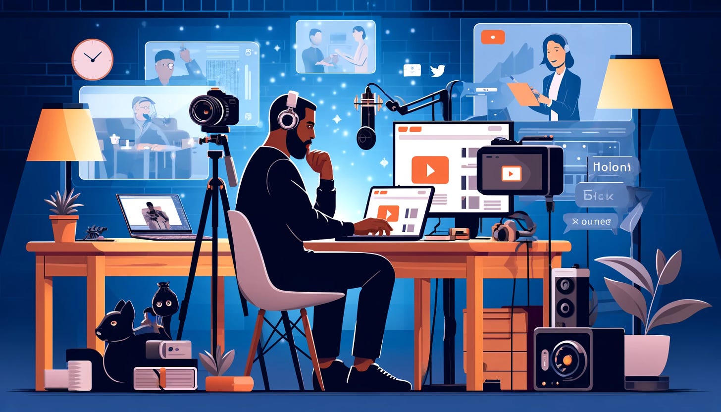 A black data scientist is depicted managing multiple digital projects in a 16:9 image. The scene includes the scientist writing a blog on a laptop, recording a podcast with a microphone and headphones, filming a YouTube video with a camera and lighting setup, conducting an online course on a computer with a presentation in the background, and managing a paid newsletter on another screen. The setting is a modern, tech-equipped home office with multiple screens, recording equipment, and a comfortable work environment.