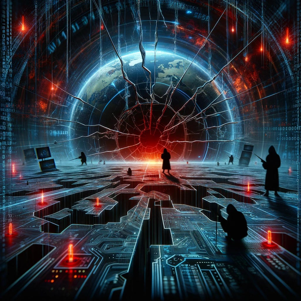 An intense and alarming image showcasing a digital infrastructure with visible cracks and fractures, symbolizing exposed cybersecurity vulnerabilities. In the background, there are shadowy figures representing cyber attackers, poised to exploit these weaknesses. The scene is set within a network environment, with binary code and digital elements to illustrate the technological context. The atmosphere is charged with a sense of urgency and danger, highlighted by a color scheme of dark hues and red warnings, to convey the critical nature of the cyber threats and the immediate need for defensive action.