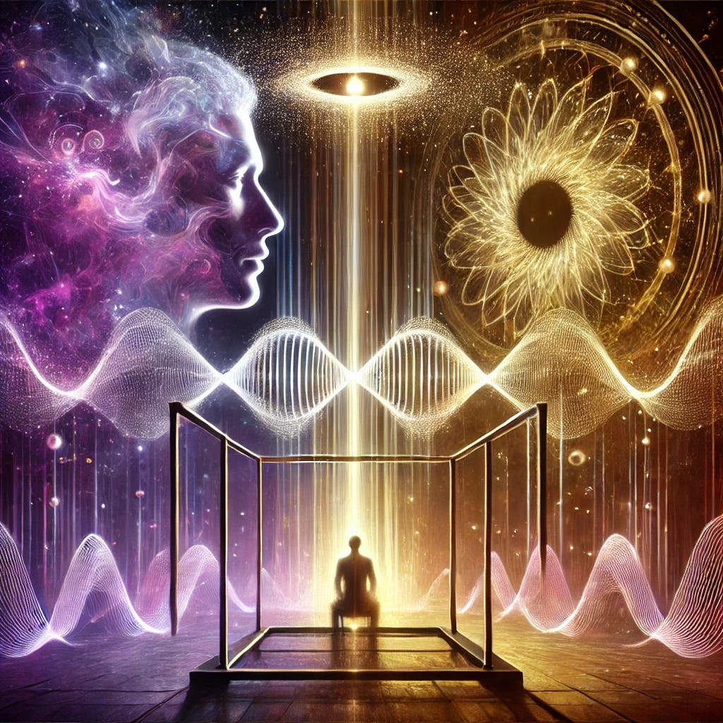 An evocative illustration inspired by Dean Radin’s experiments on consciousness influencing quantum systems. The foreground features a glowing double-slit apparatus, with particles of light transitioning between wave-like and particle-like patterns. A faint, ethereal human silhouette focusing on the setup symbolizes the influence of consciousness. The background blends abstract quantum waveforms and cosmic interconnectedness, using vibrant colors like purples, golds, and whites to convey mystery and scientific wonder. The atmosphere is dynamic, representing the intersection of mind and matter in a visually compelling way.