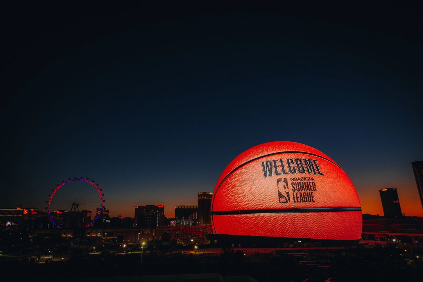 MSG Sphere in Vegas lit up as a basketball is mesmerizing