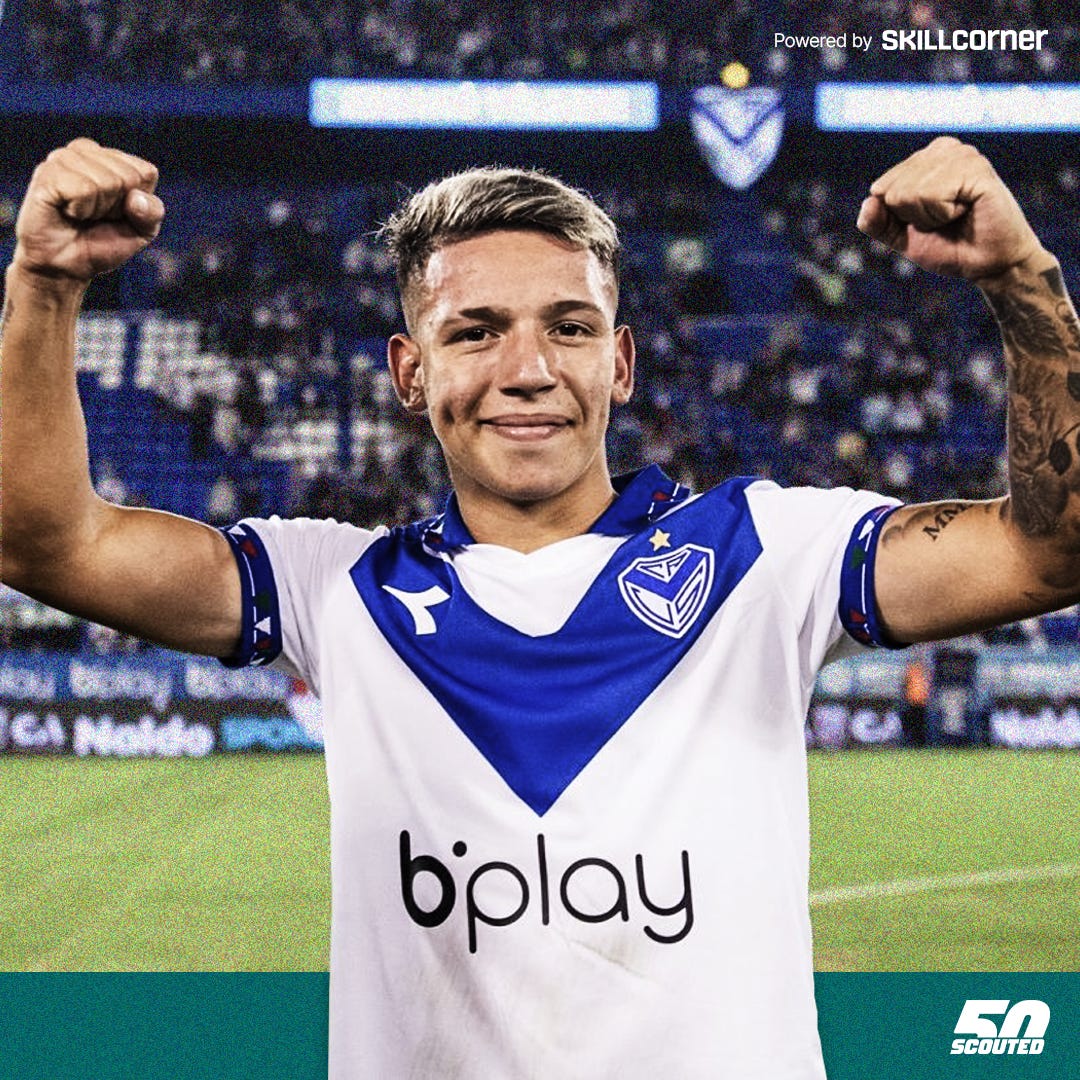 A graphic featuring a photo of Vélez Sarsfield's Gianluca Prestianni looking directly at the camera with his arms in the air, both fists clenched in a celebratory way, against the background of a stadium. At the bottom is a green banner featuring the 'SCOUTED50' logo; in the top-right corner is a 'Powered by SkillCorner' tag. Photo credit: Vélez Sarsfield.