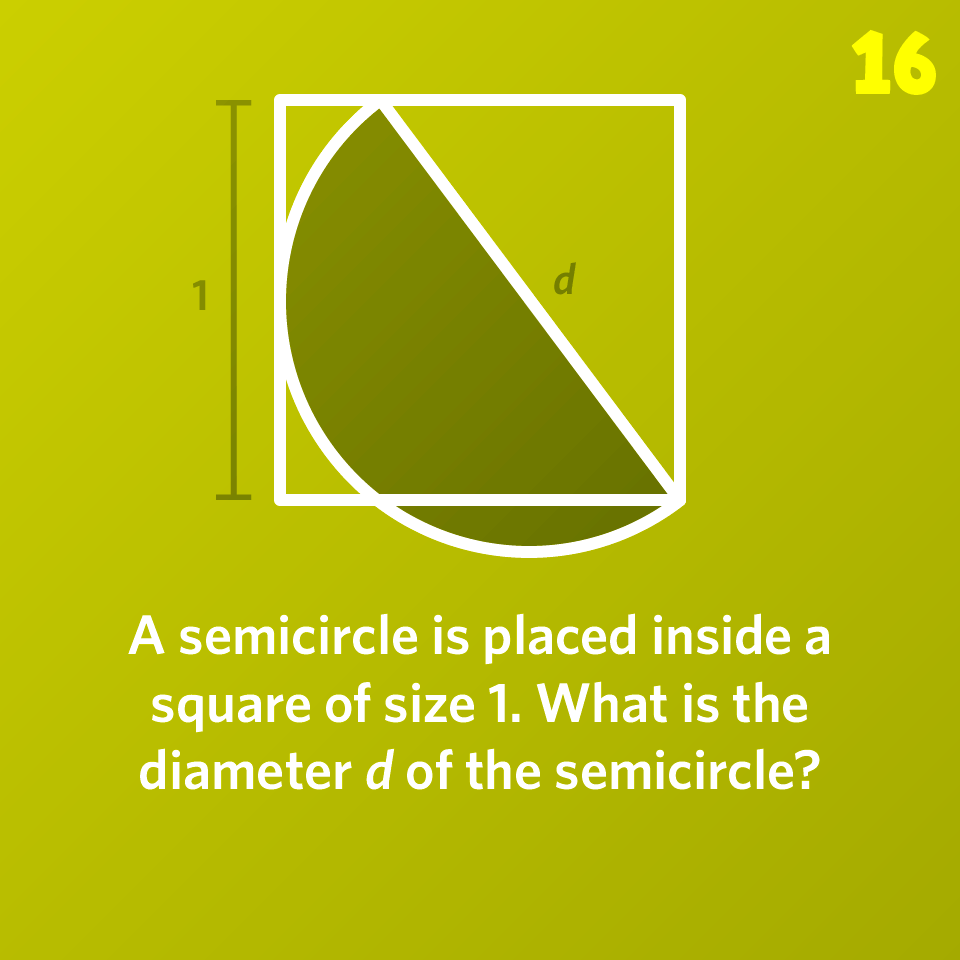 A semicircle is placed inside a square of side length 1. One endpoint of the semicircle’s diameter coincides with the bottom-right corner of the square, while the other endpoint lies somewhere on the top edge of the square. Importantly, the semicircle is tangent to the left edge of the square. Question: A semicircle is placed inside a square of size 1. What is the diameter d of the semicircle?