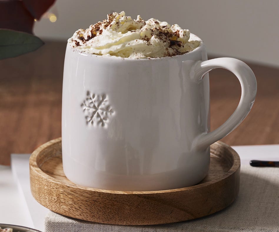 white glazed mug with embossed snowflake detail