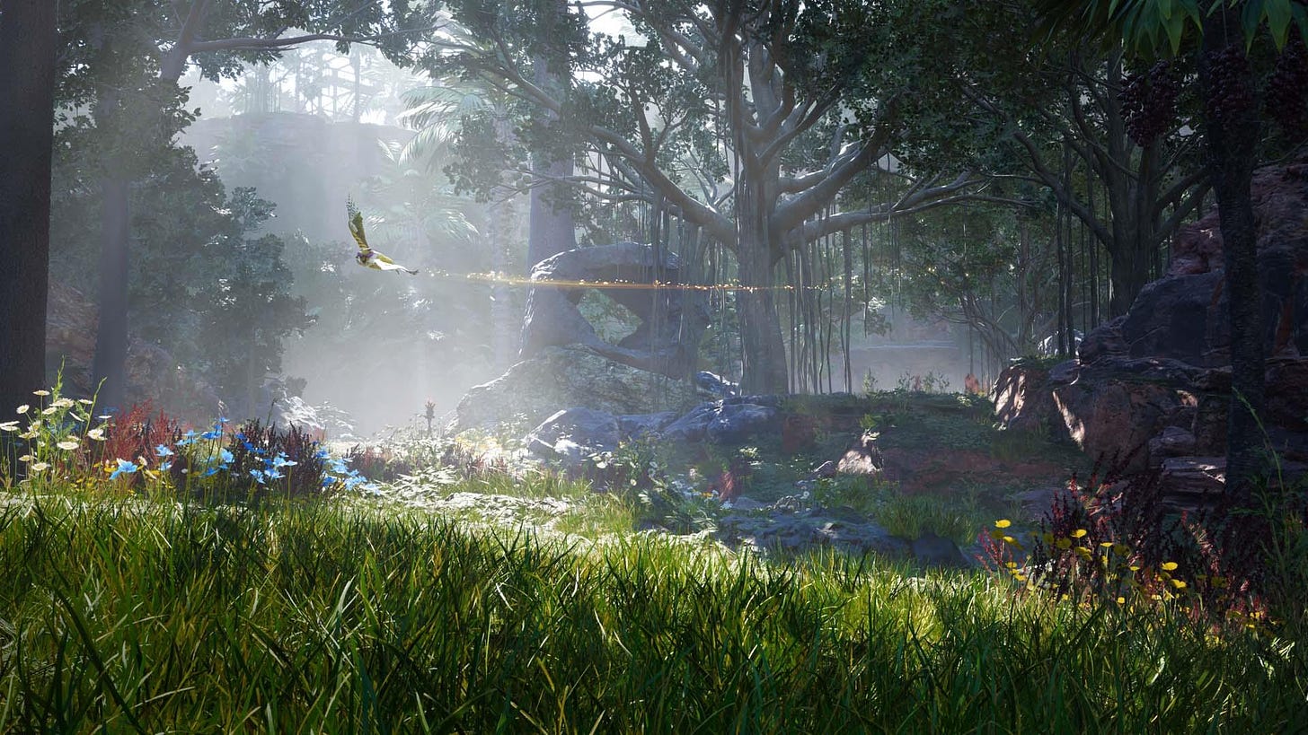 Still of a forest with a flying bird in Final Fantasty VII