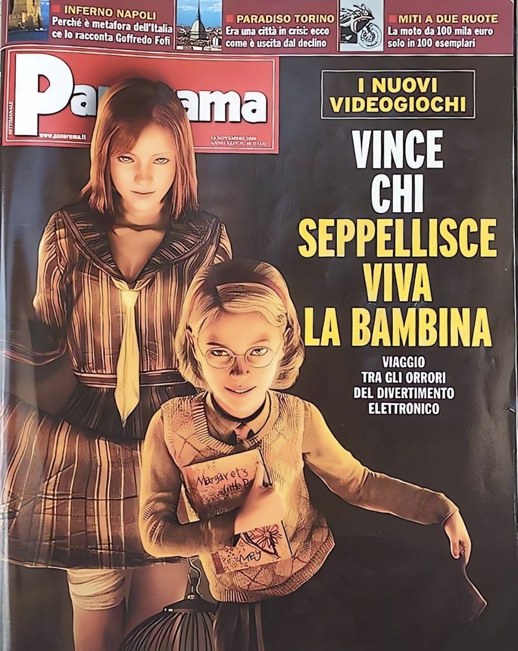 A picture of the front page of the Italian publication "Panorama" featuring pictures of Meg and Diana. The title, translated, wins: HE WHO BURIES THE LITTLE GIRL WINS