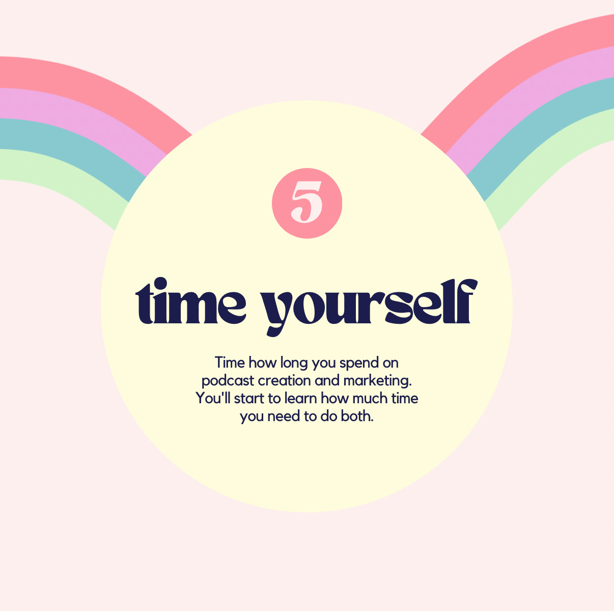 Week 5: Time yourself. Time how long you spend on podcast creation and marketing. You'll start to learn how much time you need to do both.