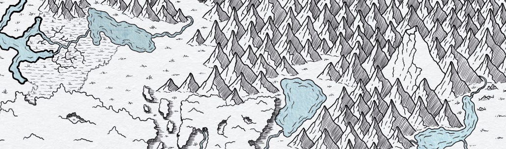 A snippet of a hand-drawn map showing mountains, grasslands, forests, lakes, rivers, and a volcano that's not shaded like the rest of the mountains.