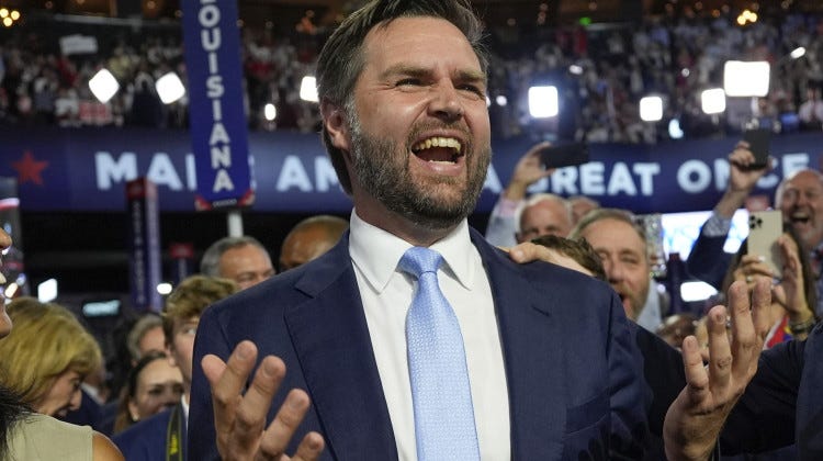 Republican vice presidential candidate Sen. JD Vance, R-Ohio, arrives on the floor during the first day of the 2024 Republican National Convention at the Fiserv Forum, Monday, July 15, 2024, in Milwaukee. - AP Photo/Carolyn Kaster