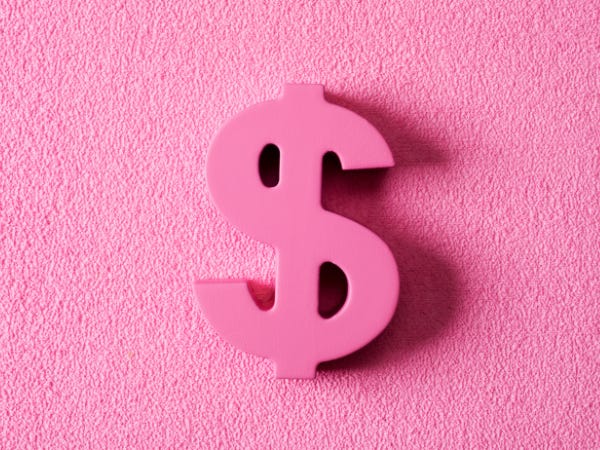 Large pink dollar sign against a textured pink background