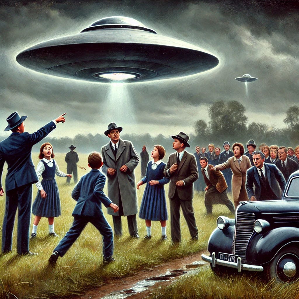 A dramatic depiction of the 1966 Westall UFO Incident in Australia. A group of schoolchildren and teachers stand in a wide-open field, pointing in shock and awe at a large, silver disc-shaped craft hovering just above the ground. Some children are running toward it, others are frozen in fear, while a few stand back, whispering among themselves. The UFO emits a faint glow, its surface smooth and metallic, reflecting the eerie light of the overcast sky. In the background, men in dark suits—possibly government agents—are approaching, while others stand near black vehicles, watching closely. The atmosphere is thick with mystery and secrecy, capturing the awe, fear, and conspiracy surrounding the event.