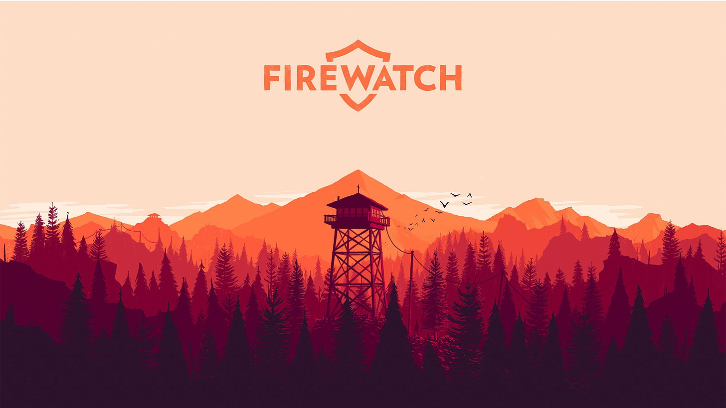 Firewatch key art - the lookout post amongst the forest with the logo above.