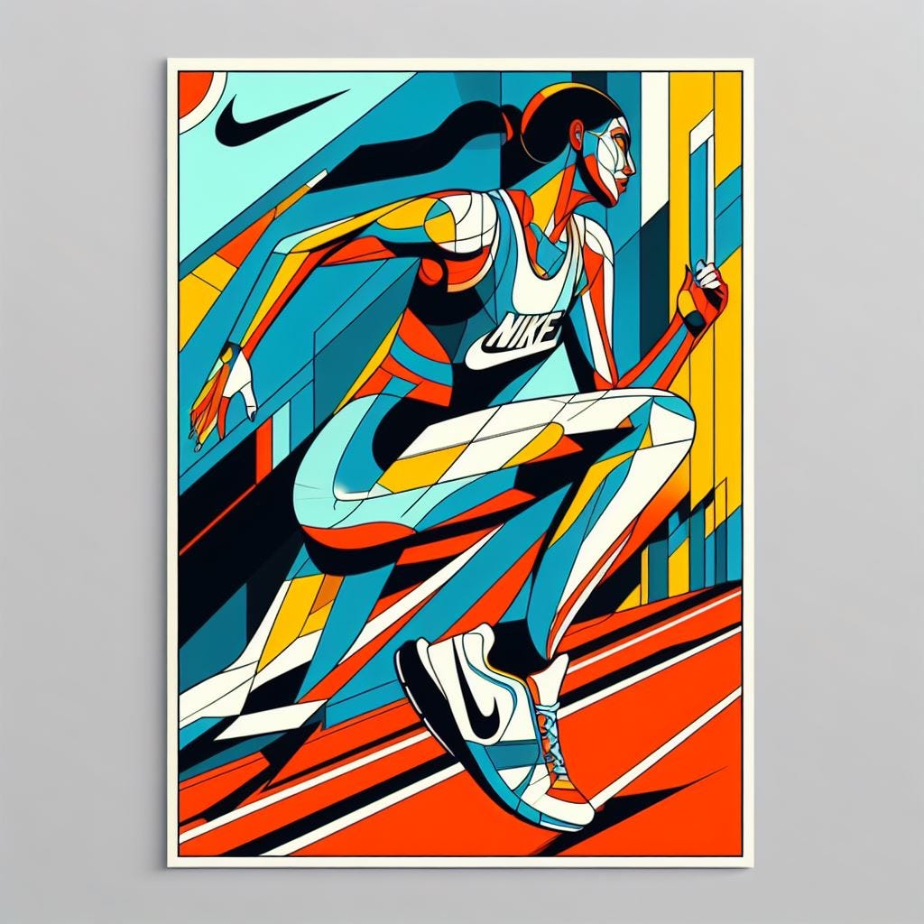 An illustration of a person wearing Nike shoes and clothing, doing some sport activity. The person is drawn in a geometric and abstract style, with bright colors and sharp angles. The illustration is inspired by the works of Tamara de Lempicka, a famous Art Deco painter who depicted modern and elegant figures. The person is shown running on a track, with a city skyline in the background. The illustration covers most of the poster space, to create a dynamic and eye-catching effect.