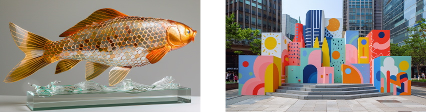 A combined display features two contrasting scenes. On the left, a translucent koi fish sculpture glistens with intricate orange and white patterns atop a glass base that mimics flowing water. On the right, a colorful urban art installation stands outdoors, with geometric shapes and abstract patterns in vivid pink, yellow, blue, and orange hues set against the backdrop of city buildings. Together, these exhibits reflect a playful blend of natural elegance and modern design.