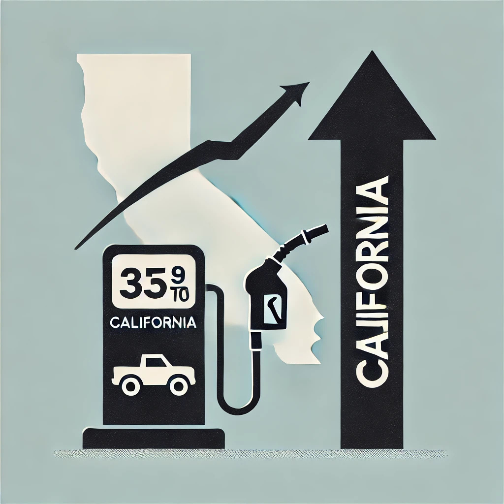 A minimalist graphic representing California imposing controls on gasoline that will make prices go up. The image features a fuel pump with a large upward arrow, symbolizing rising prices. The word 'California' is spelled out near the fuel pump to indicate California's role in the price increase. The design is clean and simple, with no text, focusing on the visual representation of rising gasoline prices due to controls.