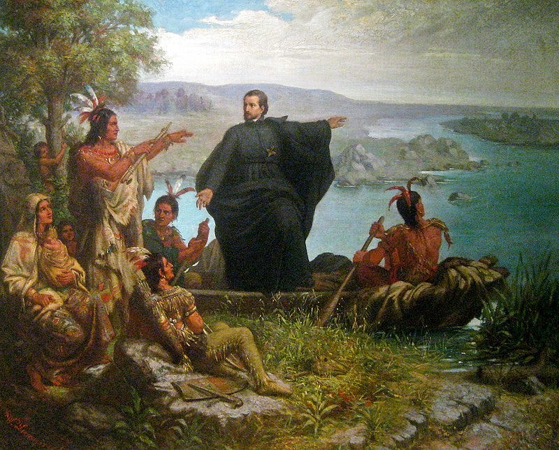 Oil on canvas. Père Marquette and the Indians. The original hangs in the Raynor Memorial Library at Marquette University, Milwaukee, Wisconsin. 