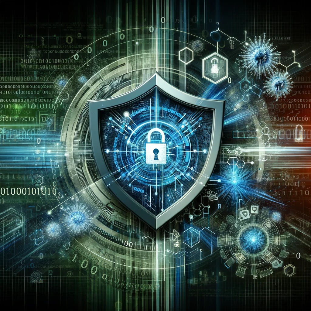 A dynamic and visually engaging image that symbolizes cybersecurity awareness and defense. The image should feature a shield emblazoned with a digital pattern, symbolizing protection against cyber threats. In the background, there should be a collage of digital elements such as binary code, digital locks, and abstract representations of malware and viruses, all blending seamlessly into a coherent theme. The colors should be a mix of blues, greens, and grays, conveying a sense of technology, security, and sophistication. This composition aims to evoke a strong sense of digital fortitude and the proactive measures taken to guard against online vulnerabilities.