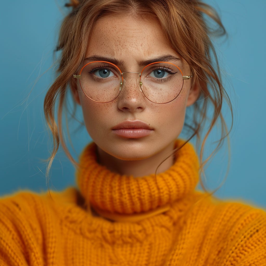 woman being angry, frowning, looking up left, wearing eye glasses and accessories with contrasting vivid colors.