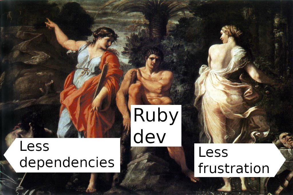 Classic painting depicting a Ruby developer as Heracles having to choose between two females. The woman on the left symbolizes fewer dependencies. The female on the right symbolizes less frustration.