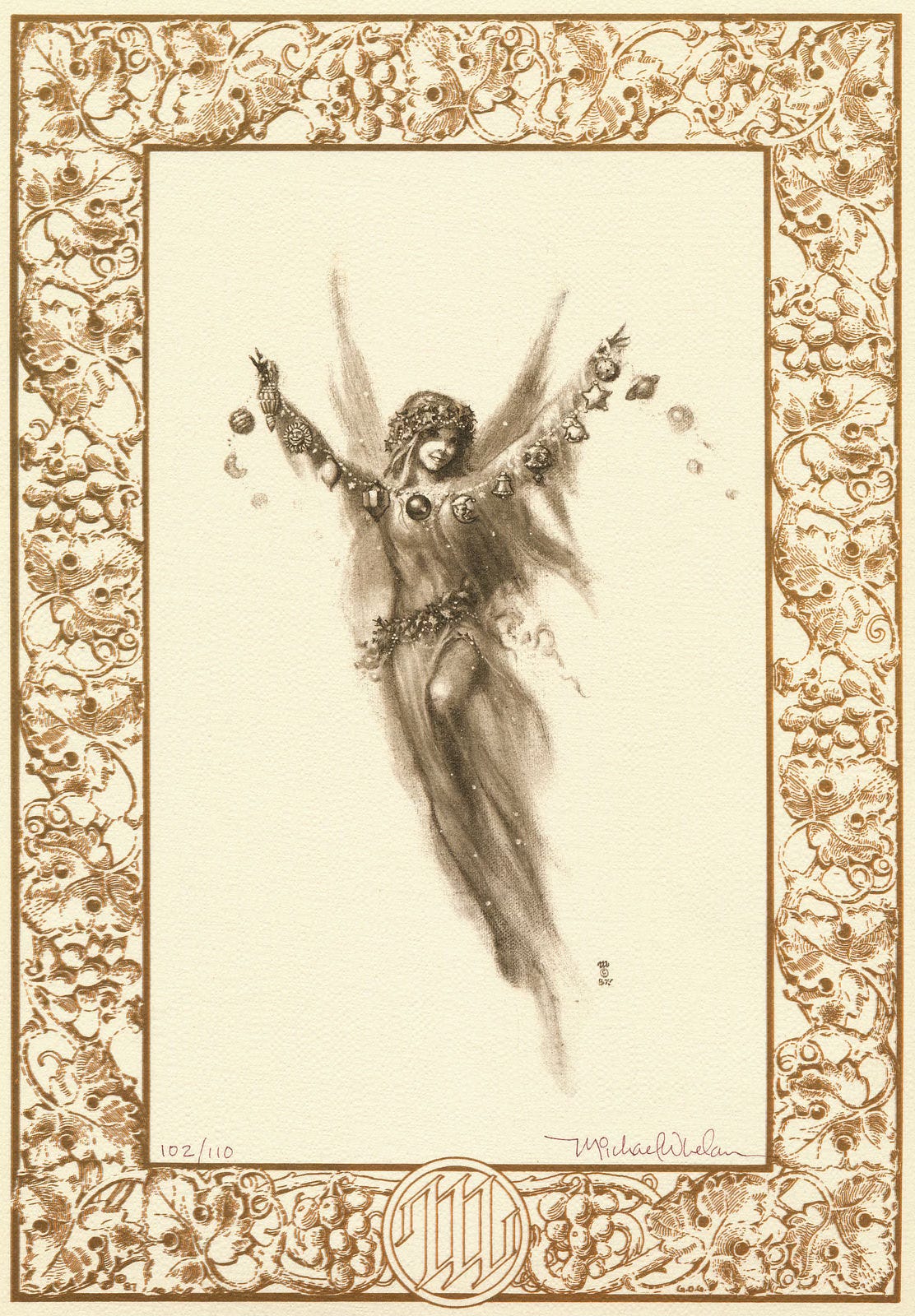 On graceful wings, a winter sprint lifts one knee in flight as she holds aloft a string of ornaments which includes stars, bells, and the planet Saturn. The art is painted in raw umber with a unique border made of berries and holly rendered in brown ink. Embedded in the bottom border is the artists sigil, the letters M and W combined within a circle. Painted in raw umber with a border ink brown ink. In the lower left, the card is numbered 102/110. The artists signature is in the lower right.