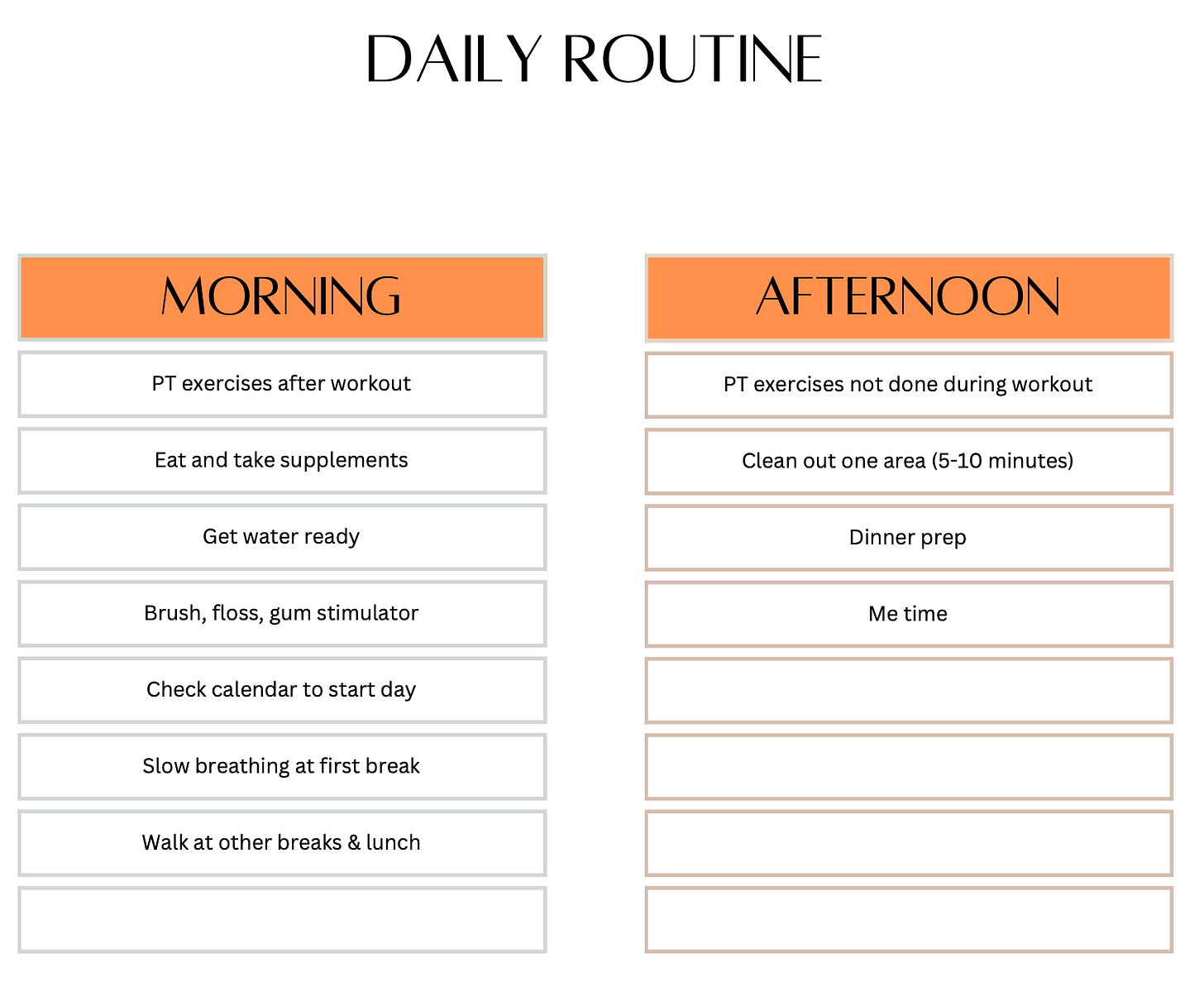 Daily routine handout with list of things to do each day