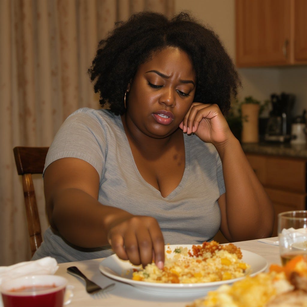 A realistic photo of an African American woman in her late 30s to early 40s sitting at a dinner table. She has a full face, natural hair, and is wearing a casual but neat outfit. She looks full and slightly uncomfortable, gently pushing a half-eaten plate of food away from her. Her expression shows internal conflict—torn between stopping and hearing the thoughts: “Don’t waste that food” and “You’re wasting money.” The setting is warm-toned, intimate, and emotionally reflective. The scene should feel relatable and culturally familiar, highlighting emotional eating tied to scarcity mindset and poverty patterns.