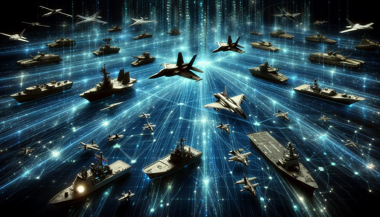 A highly detailed and stylized image showing lines of binary code interconnecting a variety of military systems, including aircraft, naval ships, tanks, and satellites. These systems are arranged in a strategic formation, showcasing their readiness and interconnectedness through technology. The binary code is represented as glowing, flowing streams that create a web of connections between each system. This visualization emphasizes the integration of cyber capabilities with traditional military hardware, set against a dark, high-tech background that enhances the futuristic aspect of this cybernetic network.