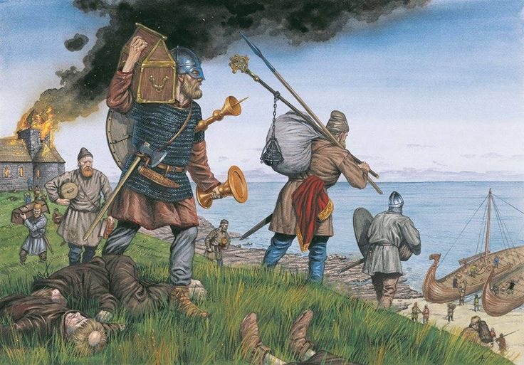 Artwork of Larry Vienneau Jr: The Raven and The Viking Raid on Lindisfarne