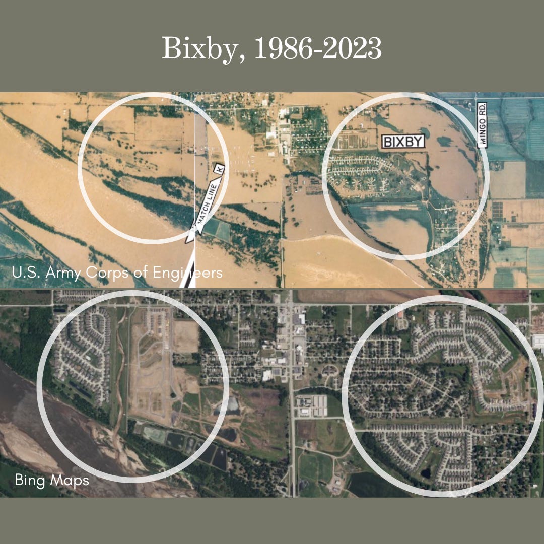 The infographic juxtaposes a vintage aerial photograph from the 1986 flood with present-day satellite imagery of the same locations in Bixby. Two circles on each photograph highlight specific areas flooded in 1986 that now contain residential development.