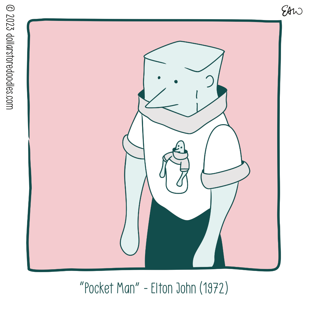 Panel 1 of 5 of a comic showing a tiny human figure hanging out of the breast pocket of another character in full frame. The caption reads, "Pocket Man. Elton John 1972."