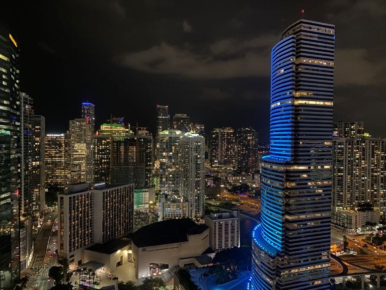 View from the Centro Condo building looking south on September 17, 2024. The Miami Tower is the building lit up in blue lights on the right