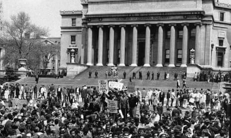 Demonstrators and students protest at the plaza in front of Columbia University’s Low Memorial Library in New York on 27 April 1968.