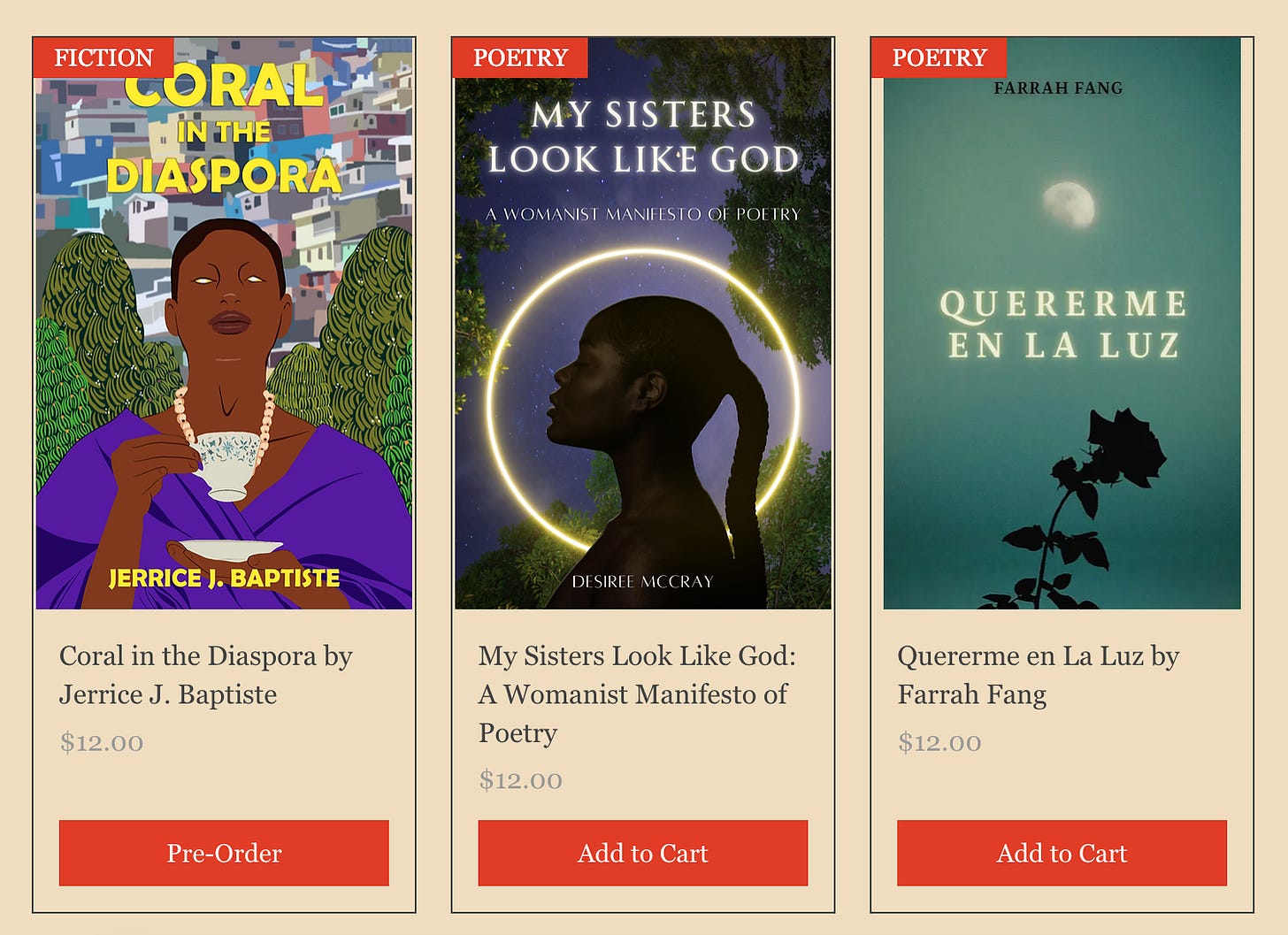 Abode webstore showing the covers of Coral in the Diaspora, My Sisters Look Like God, and Quererme en la Luz