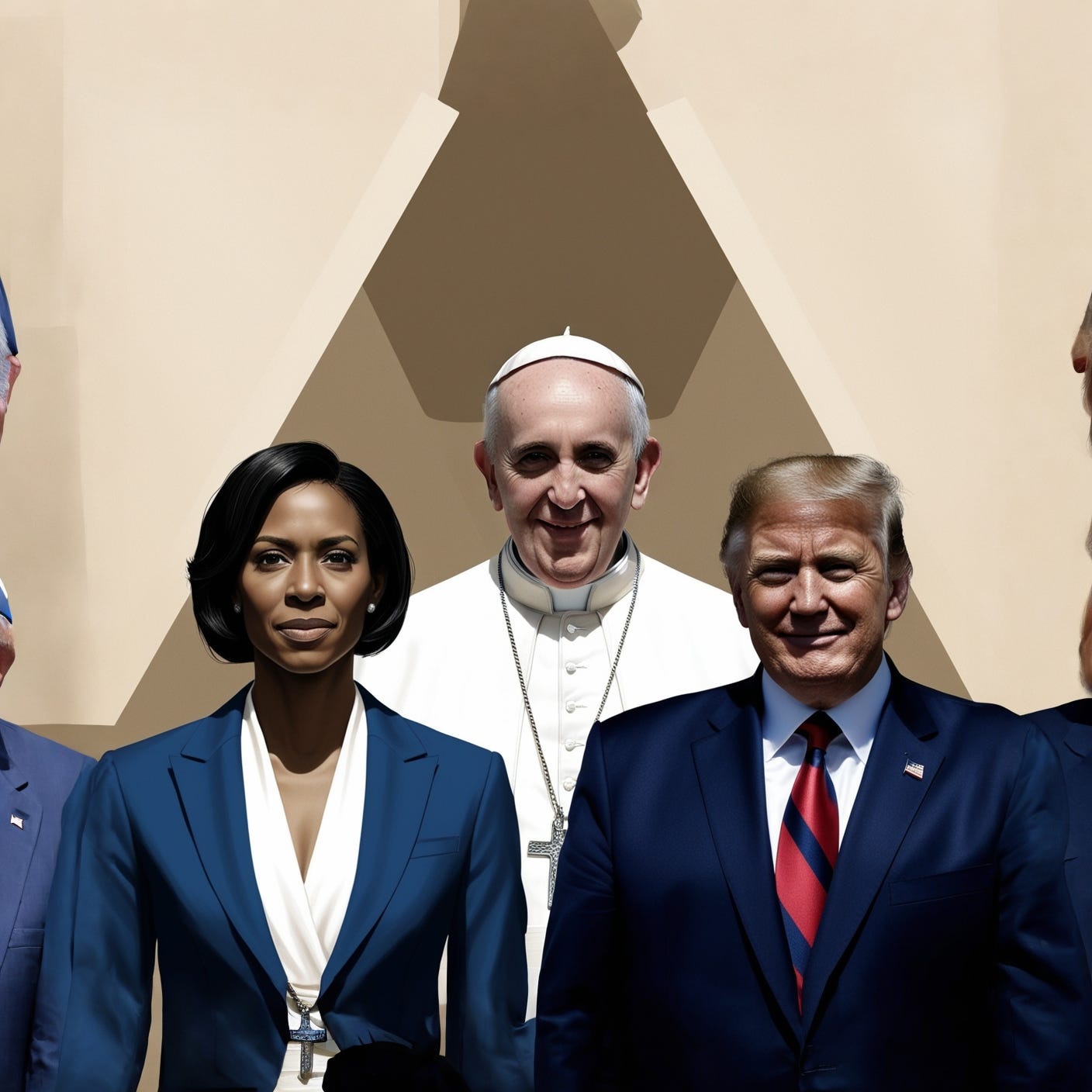 Create an image featuring Pope Francis standing between Kamala Harris and Donald Trump, with the three figures placed in a triangular composition, Pope Francis in the center, and Harris and Trump on either side, all three looking directly at the viewer with serious yet neutral expressions, Pope Francis with his signature gentle eyes and subtle smile, Kamala Harris with a determined gaze and a subtle smile, and Donald Trump with a confident posture and a hint of a smirk, all set against a dimly lit, neutral beige background that allows the three figures to take center stage, with subtle highlights on their facial features and clothing, Pope Francis wearing his traditional white papal attire, Kamala Harris in a formal blue suit with a crisp white blouse, and Donald Trump in a dark navy blue suit with a white dress shirt and a red tie, the overall mood of the image conveying a sense of gravitas and diplomacy, with the three leaders standing together in a symbolic representation of unity and cooperation.