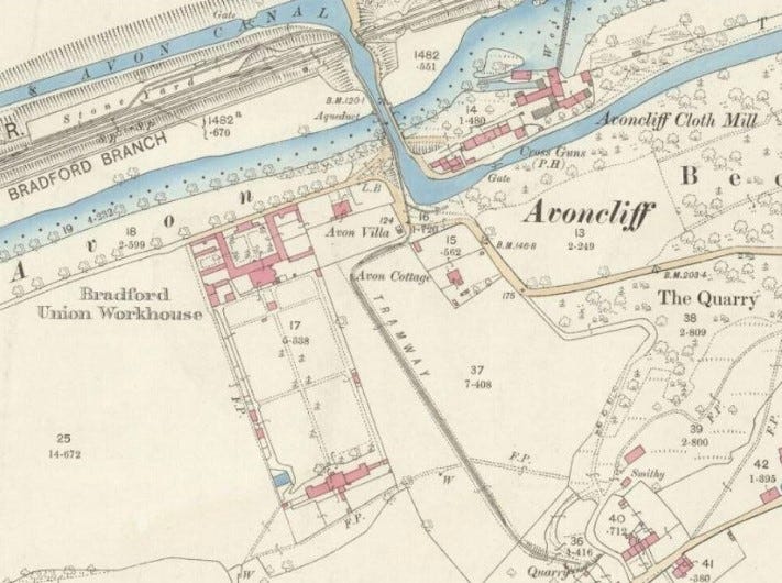 Old map of Avoncliff Wilthsire showing the path of the quarry tramway.