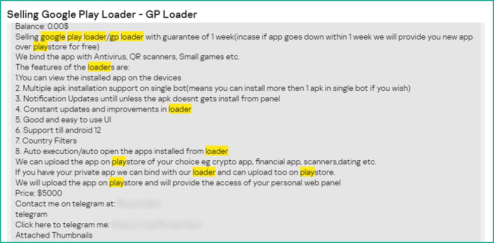Google Play loaders are the most popular offer on the dark web among Google Play threats