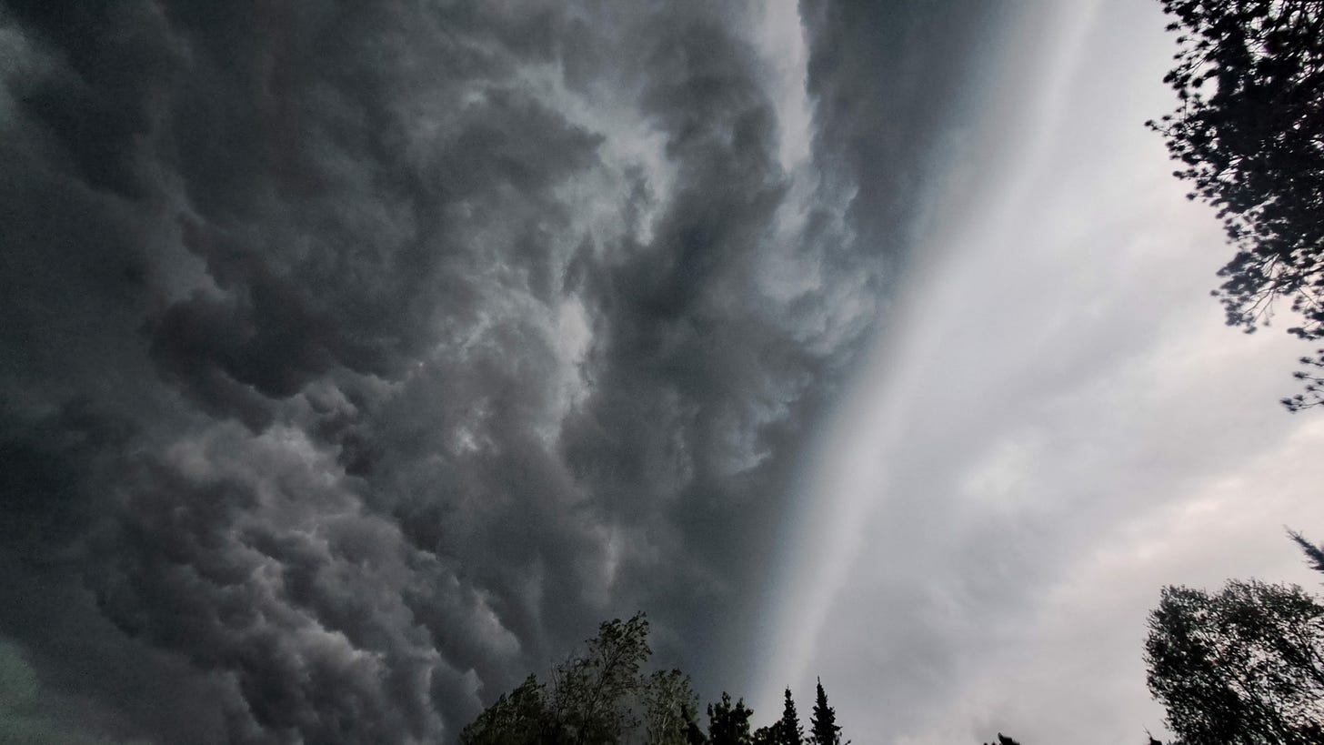 The leading edge of a thunderstorm is clearly defined with dark menacing clouds to one side and soft light clouds to the other