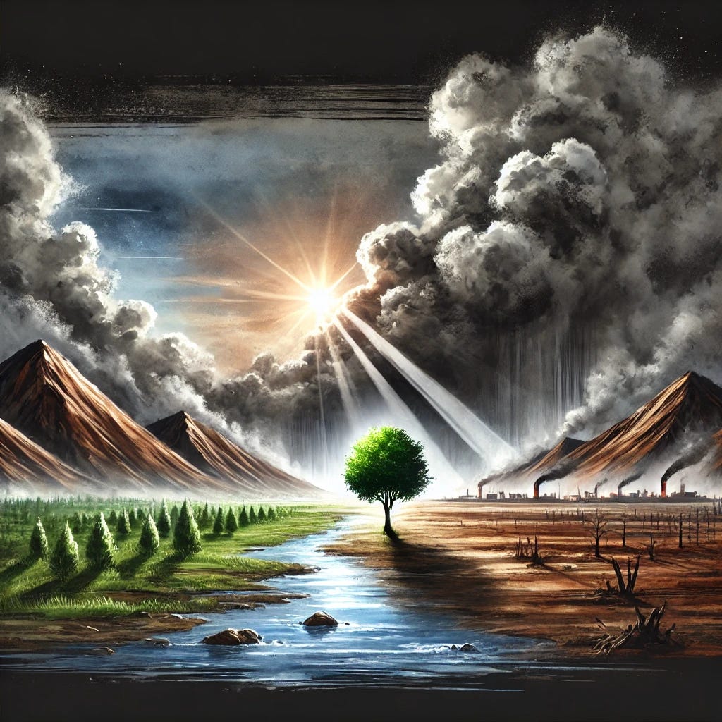 A square water painting style image that captures the main themes of advocacy for health, resilience, and the fight against powerful opposition. The image should be symbolic, featuring elements like a small, resilient tree standing strong in a harsh environment, with dark clouds looming in the background but rays of light breaking through, symbolizing hope and truth. The landscape should be a mix of natural elements, with a focus on contrasts between light and dark, representing the struggle for health and freedom without any human figures or text.