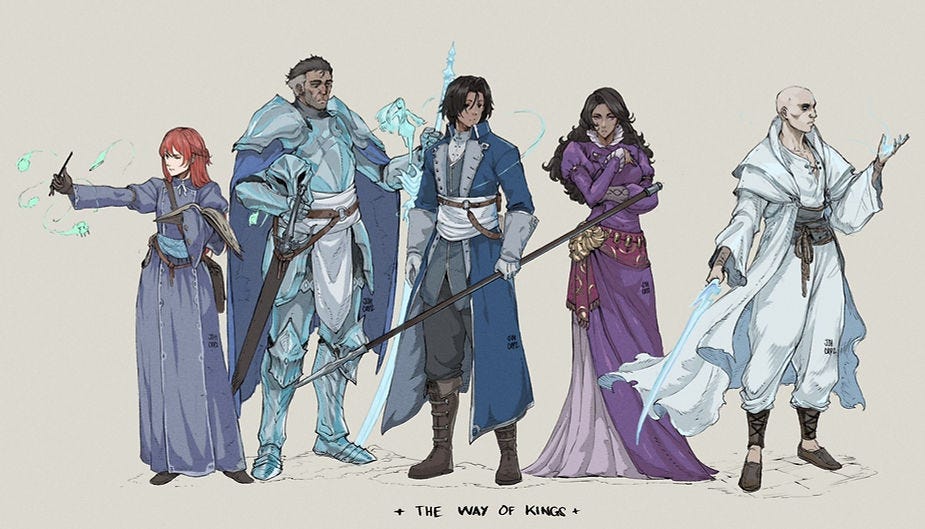 Five fantasy characters in varied costumes and armor pose with weapons and glowing magic, set against a plain background with “The Way of Kings.” Five fantasy characters in varied costumes and armor pose with weapons and glowing magic, set against a plain background with “The Way of Kings.”