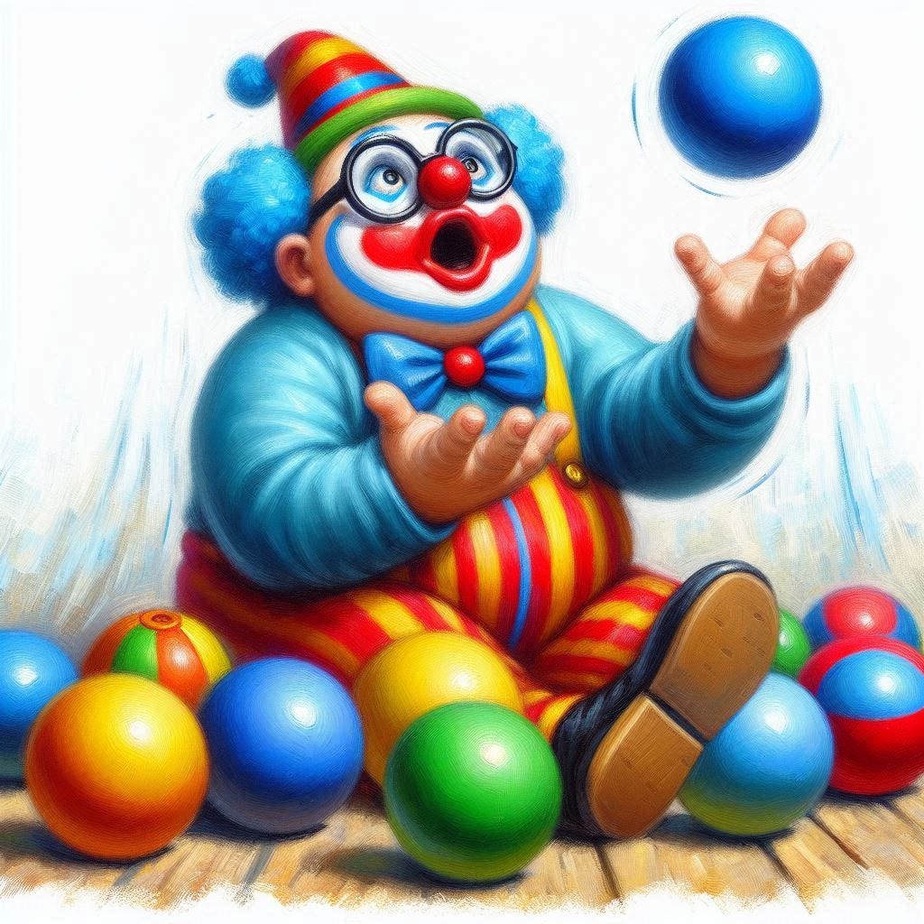 A chubby clown with glasses is frantically juggling one blue ball. On the floor, there are six balls of various colors that are the same size lying on the floor around him. Impressionist-style.